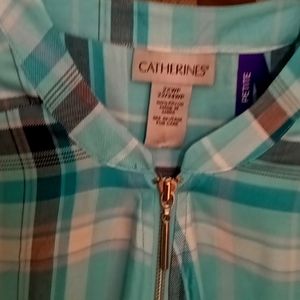 NWT CATHERINES teal white & black plaid quarter sleeve blouse w zipper Sz 2WP